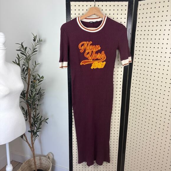 ZARA Ribbed Varsity Midi Dress Burgundy M — Retro Sportswear NY Street - Picture 1 of 10